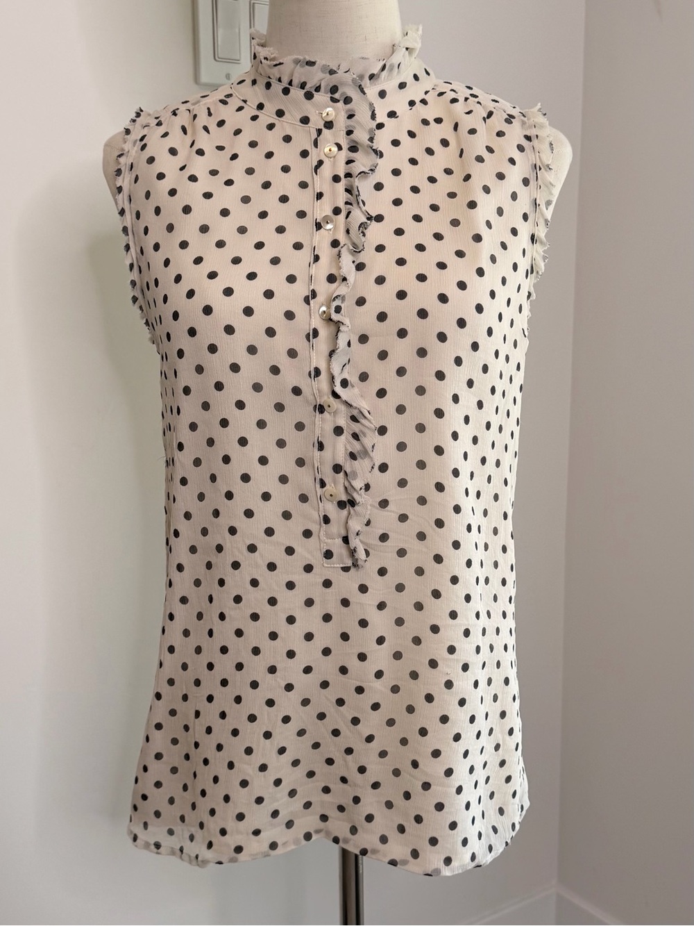 J. Crew Ivory Sleeveless Polka Dot Blouse with Ruffle Front